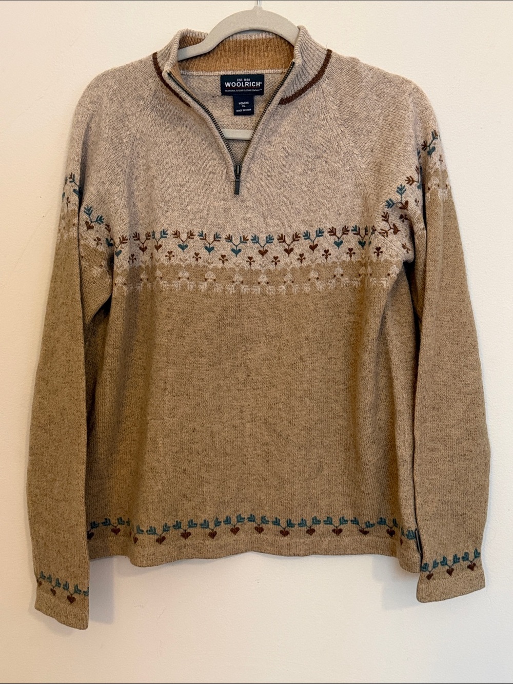 Woolrich Men's Beige Fair Isle Half-Zip Sweater with Teal & Brown Accents